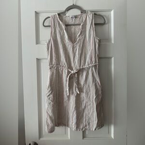 Spirit of Grace Linen Striped Sleeveless V-Neck Tie Waist Mini Dress